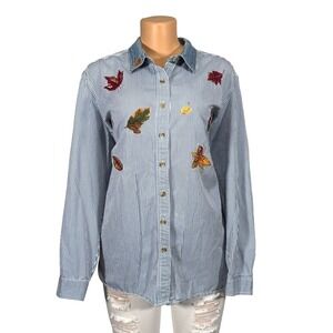 Just My Size Blue Striped Embroidered Autumn Leaf Button Down Shirt 18/20W